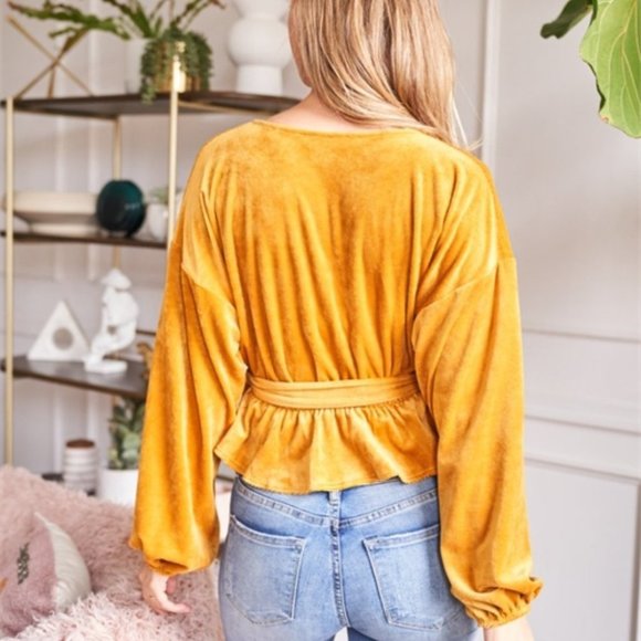 BOHO velour bishop sleeve belted MUSTARD TOP - Picture 2 of 7